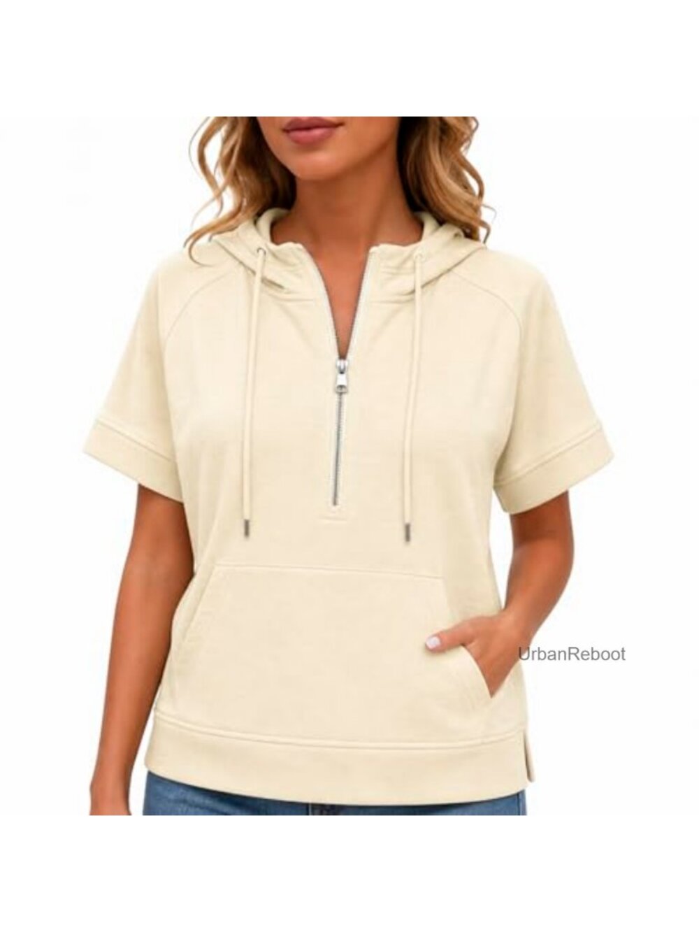 Women's Short Sleeve Half Zip Hoodie Relaxed Fit Cotton-Blend Sweatshirt